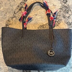 Michael Kors Brown MK Logo Tote with Red & Blue Scarf Accents